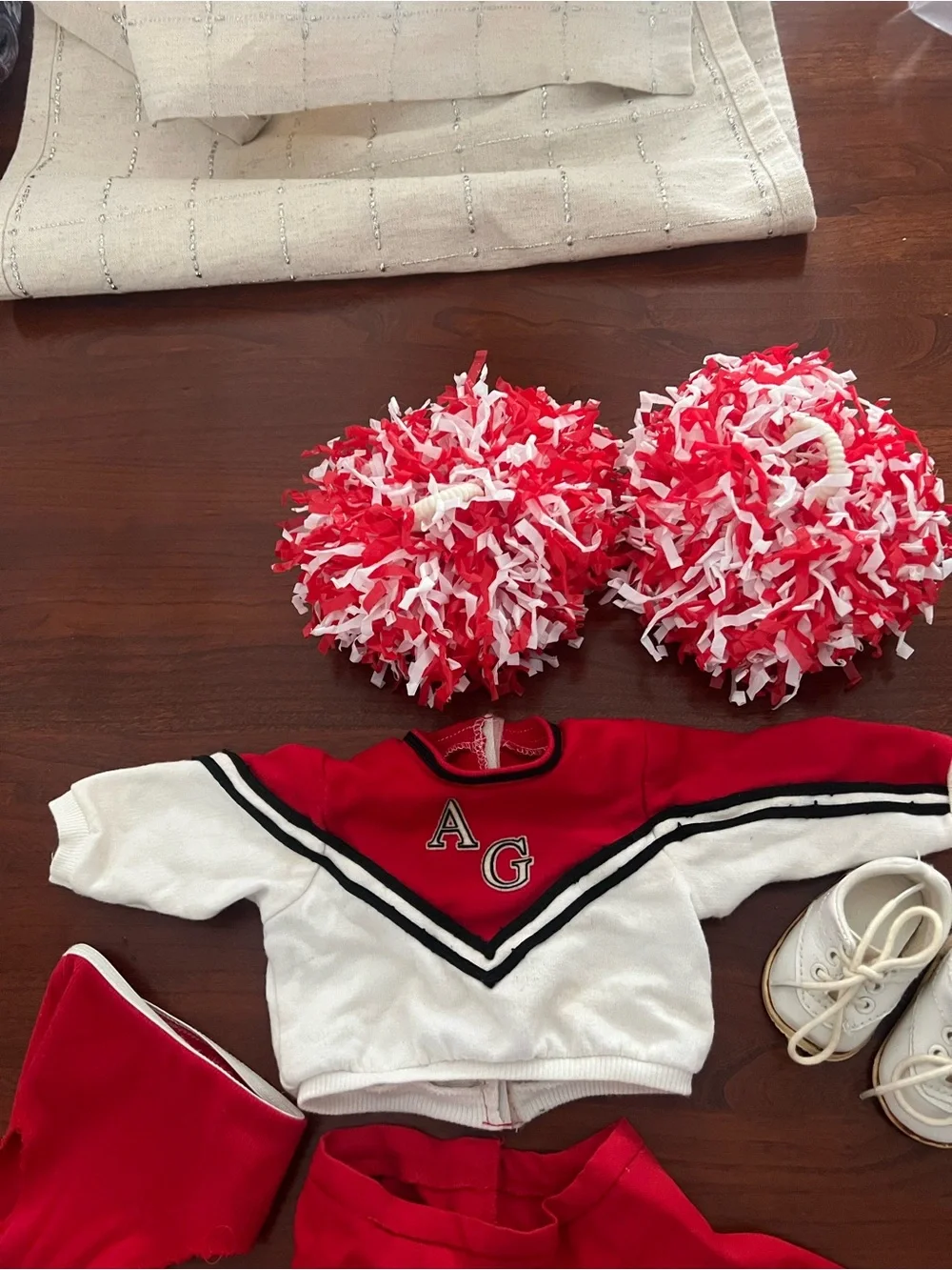 American Girl Doll Red & White Cheerleader Outfit with Pom Poms and Sneakers